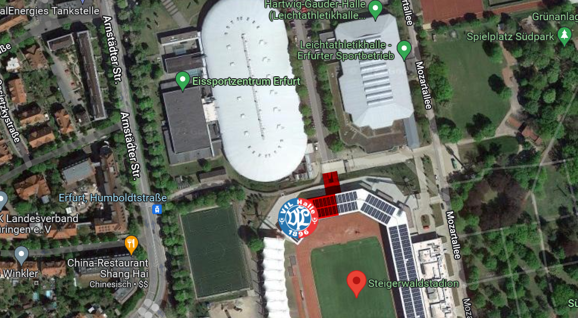 Lageplan des Steigerwaldstadions mit Markierung des Gästeblock